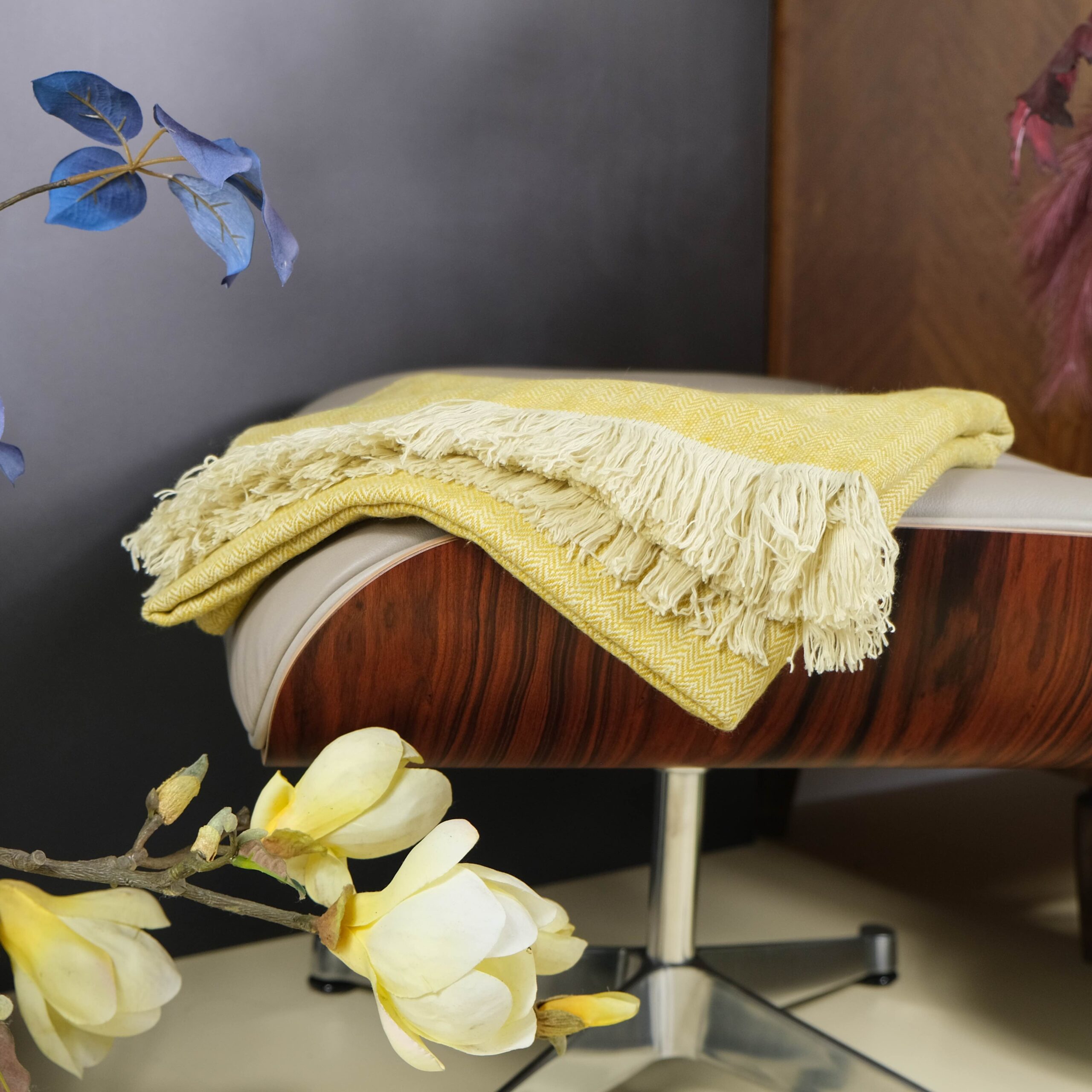 cashmere blanket in yellow and cream herringbone pattern