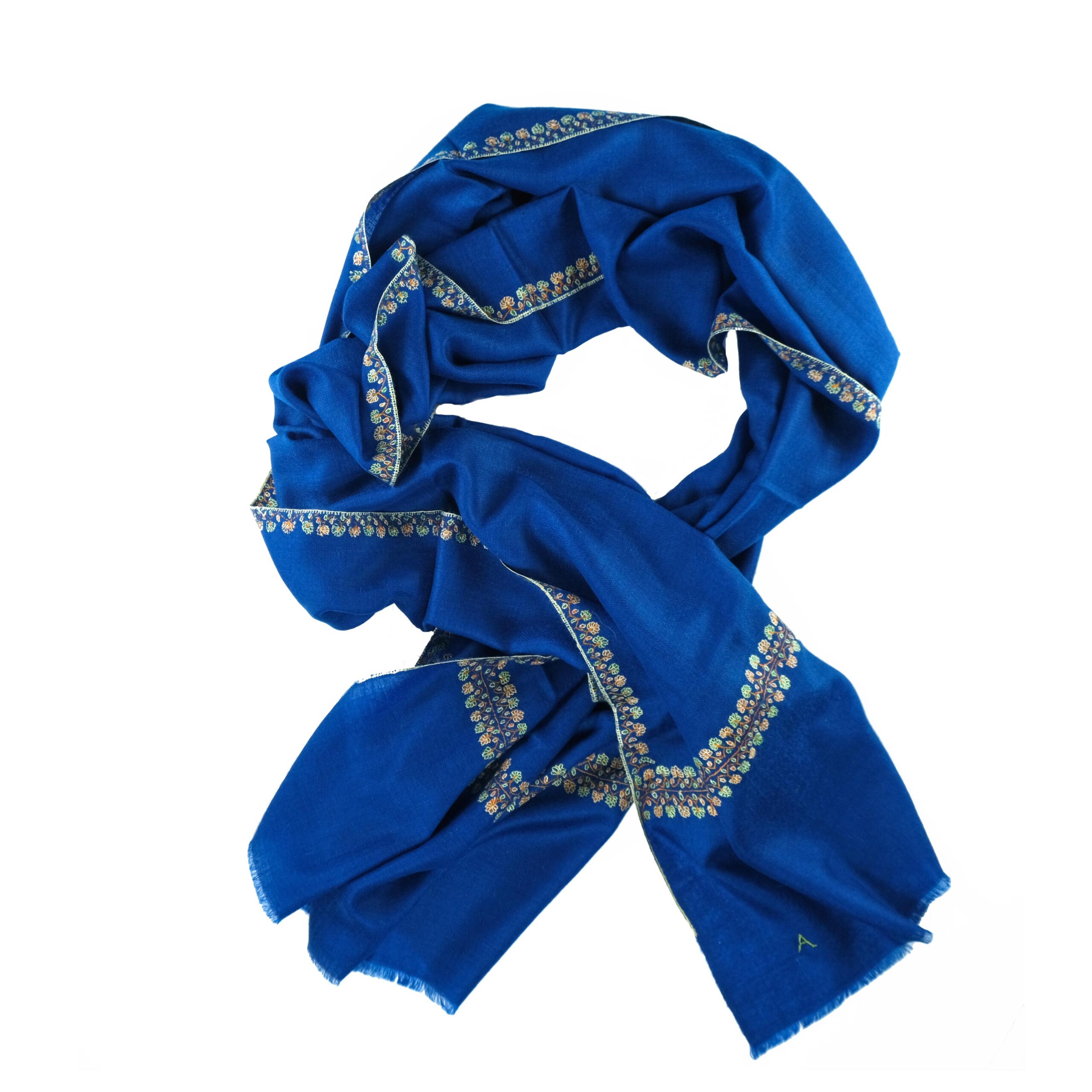 Blue Cashmere Scarf with Sozni Embroidered Borders