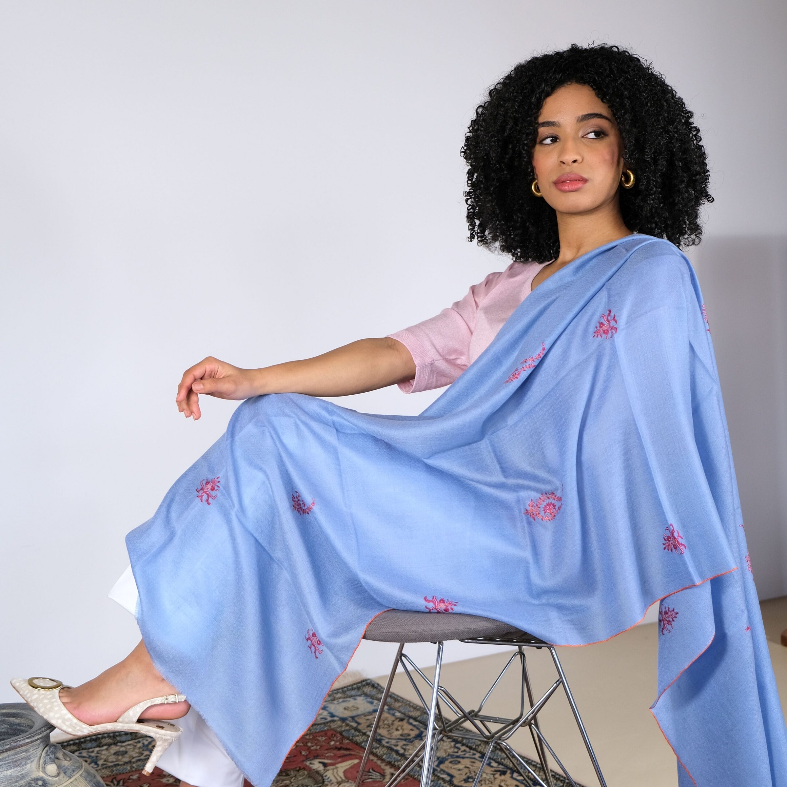 Baby Blue Cashmere Pashmina with Sozni Embroidery
