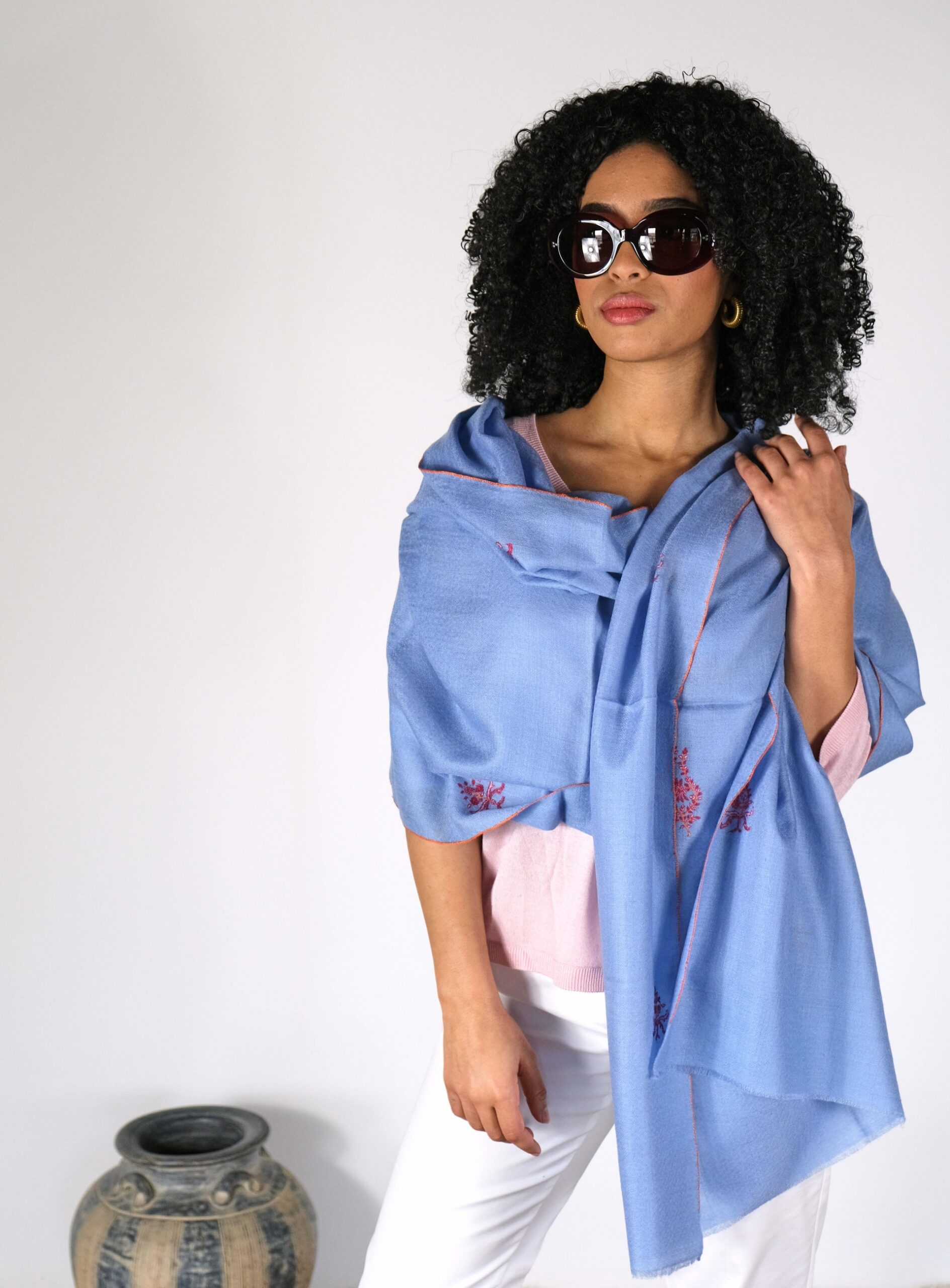 Baby Blue Cashmere Pashmina with Sozni Embroidery
