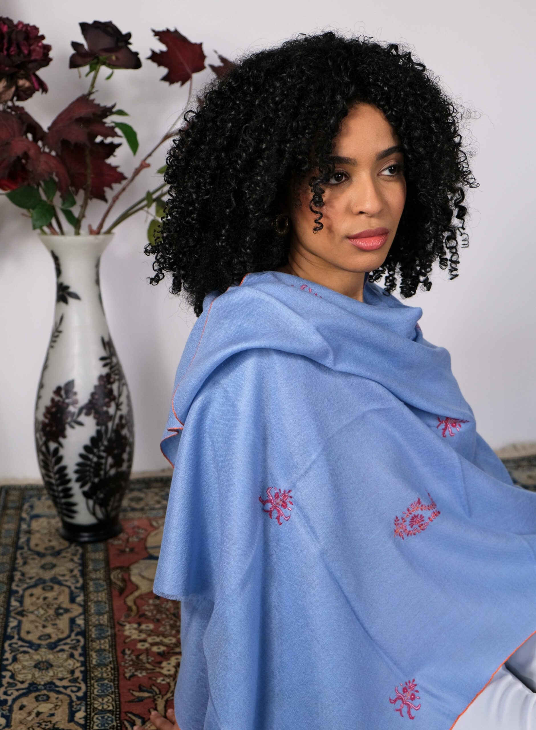 Baby Blue Cashmere Pashmina with Sozni Embroidery