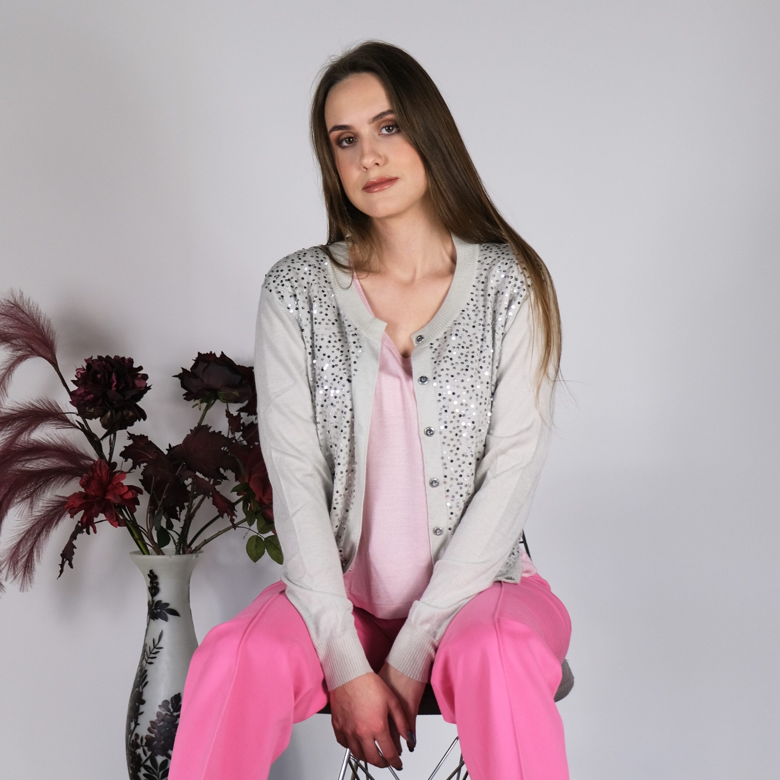 Grey Sequin Cashmere Cardigan