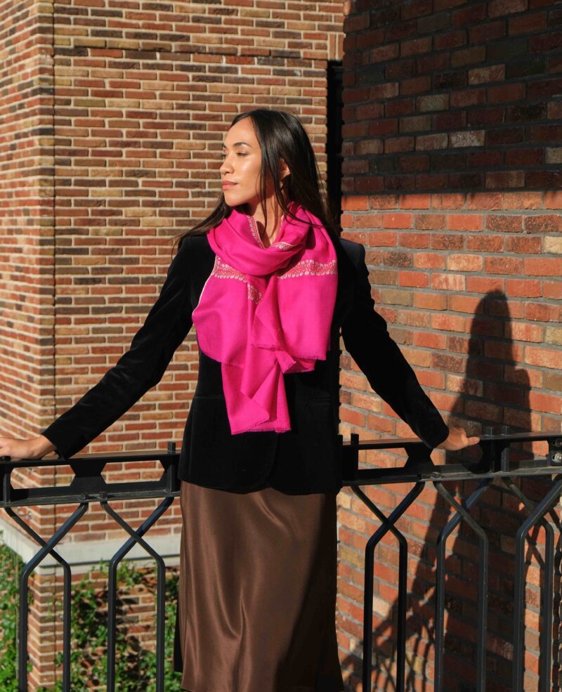 Pink Cashmere Scarf with Floral Embroidered Borders