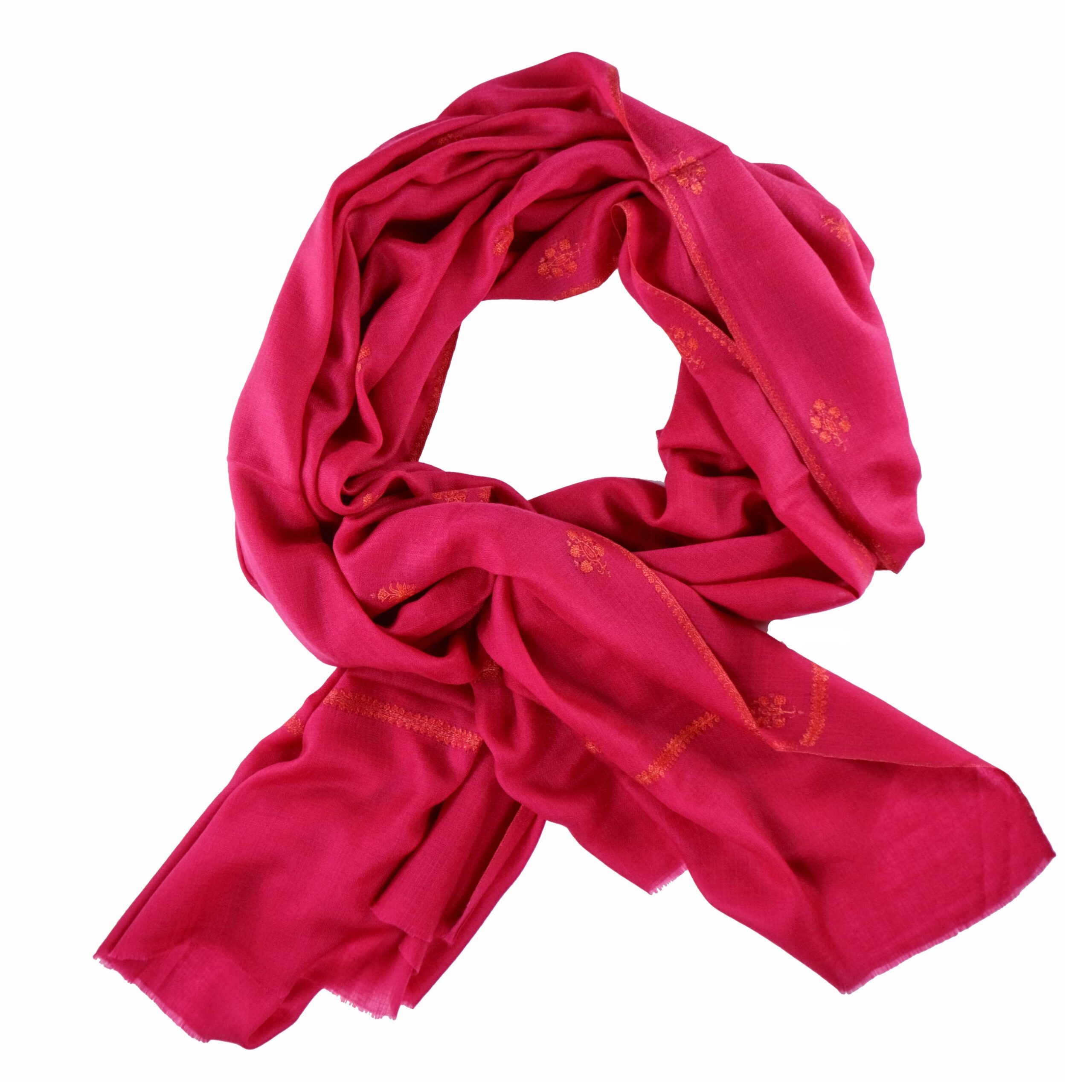 red large cashmere pashmina with soft orange embroidery by Asneh