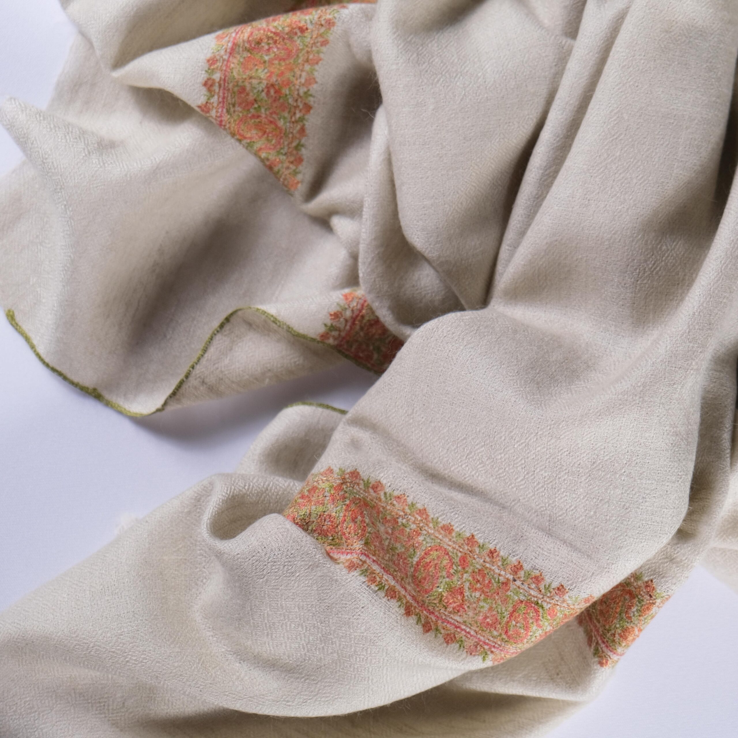 Cream Beige Cashmere Scarf with Orange and Green