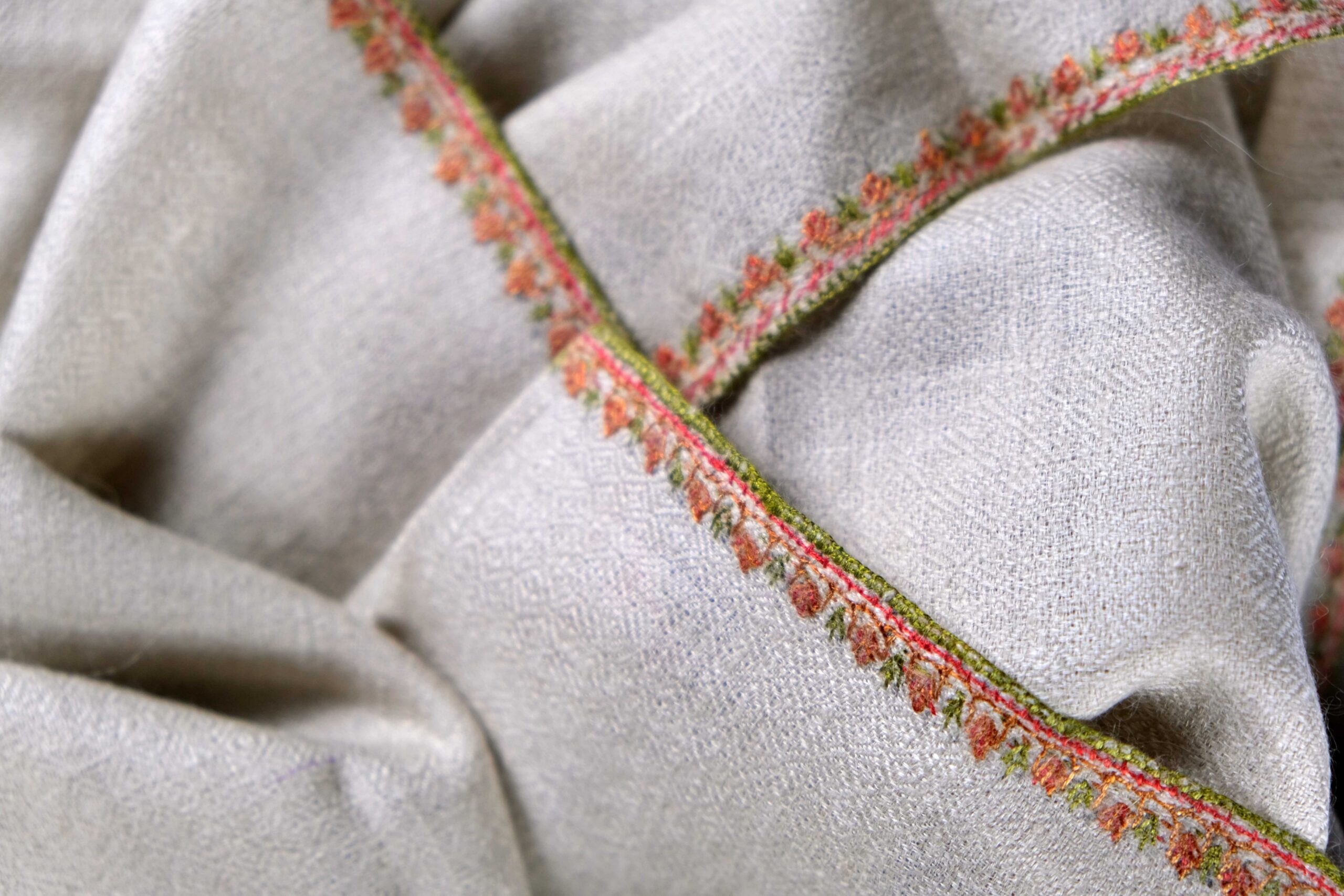 Cream Beige Cashmere Scarf with Orange and Green