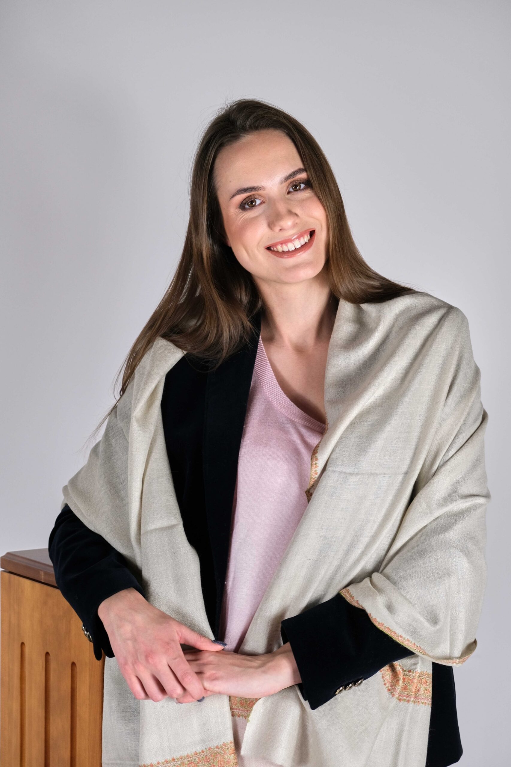 Cream Beige Cashmere Scarf with Orange and Green