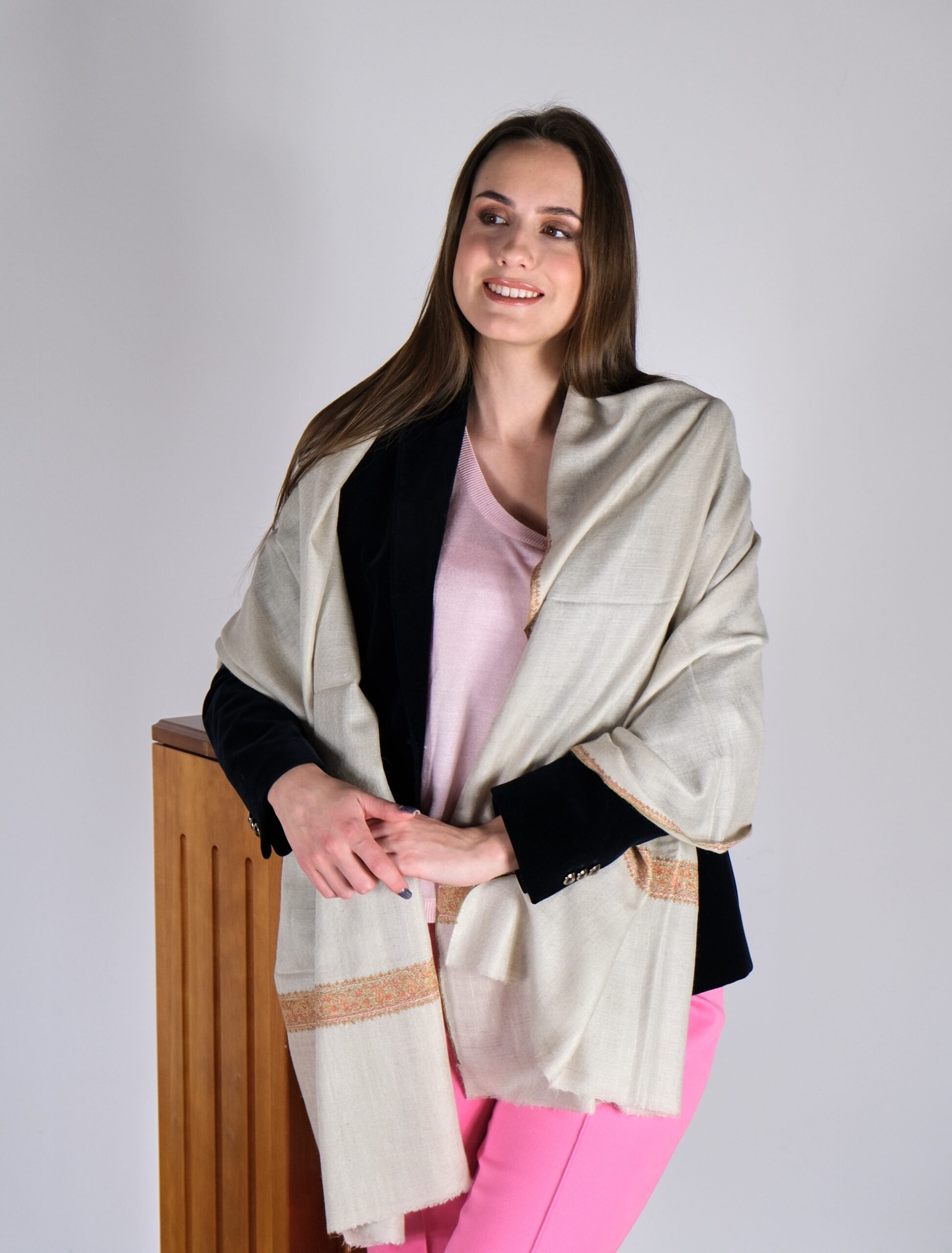 Cream Beige Cashmere Scarf with Orange and Green