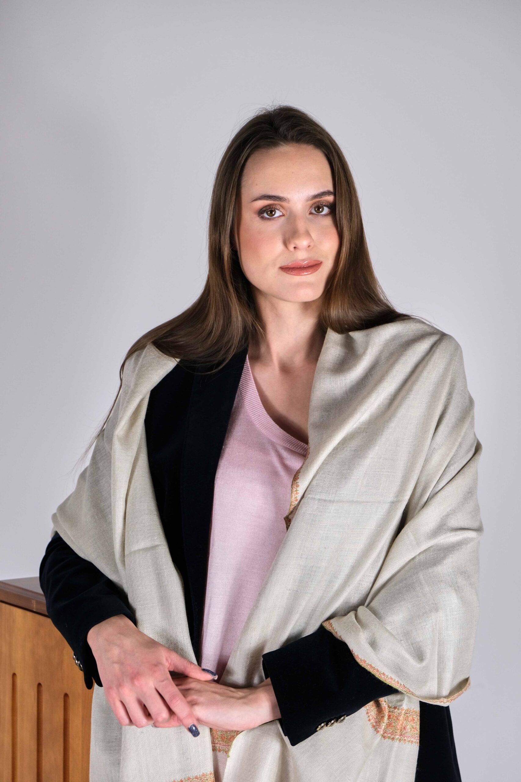 Cream Beige Cashmere Scarf with Orange and Green