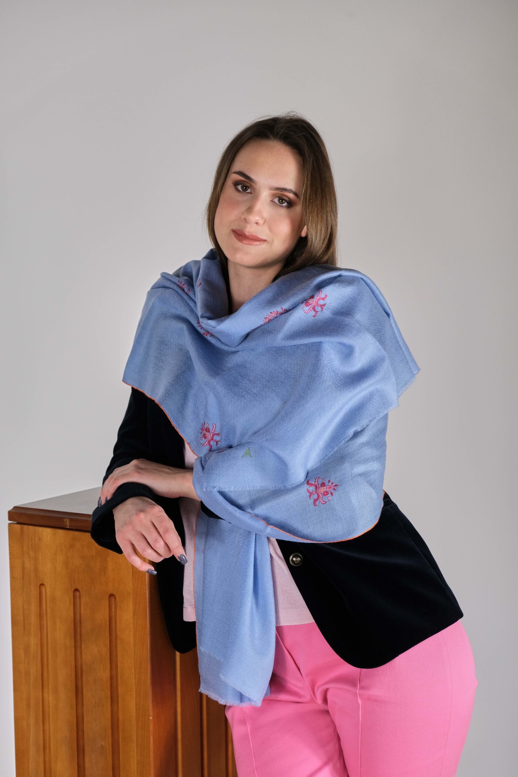 Baby Blue Cashmere Pashmina with Sozni Embroidery
