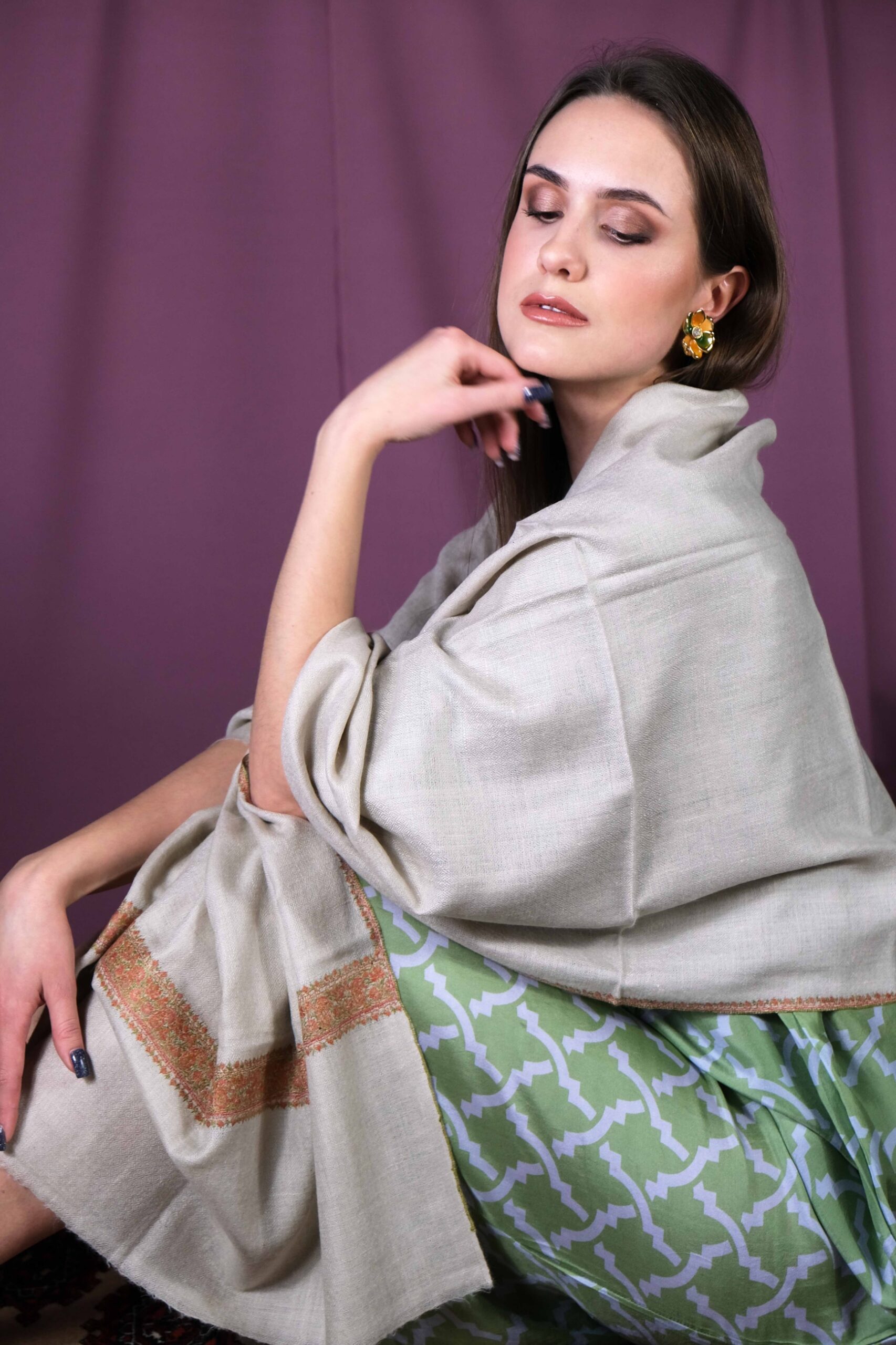 Cream Beige Cashmere Scarf with Orange and Green