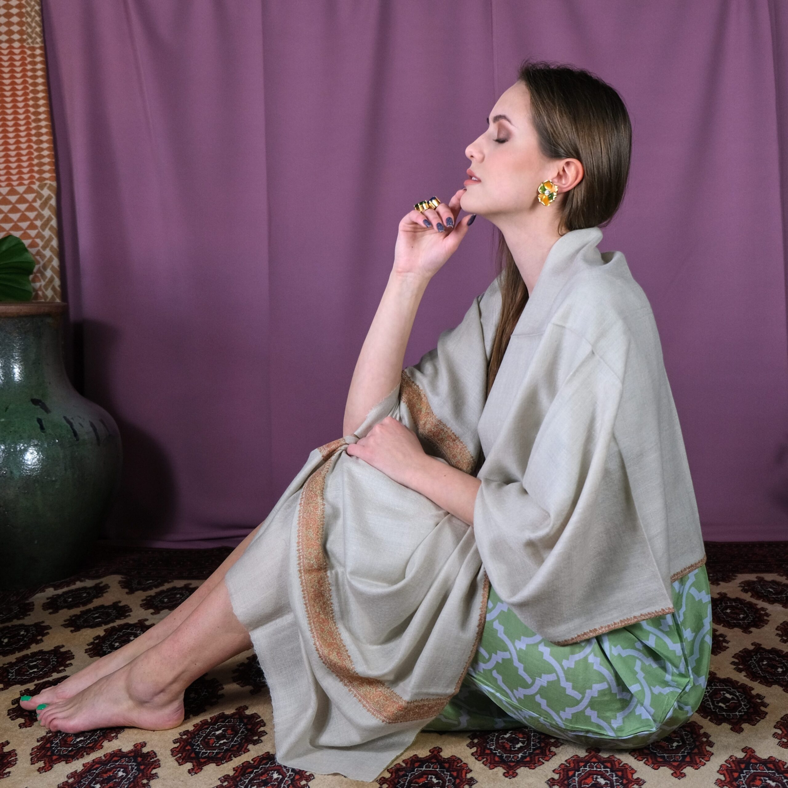 Cream Beige Cashmere Scarf with Orange and Green