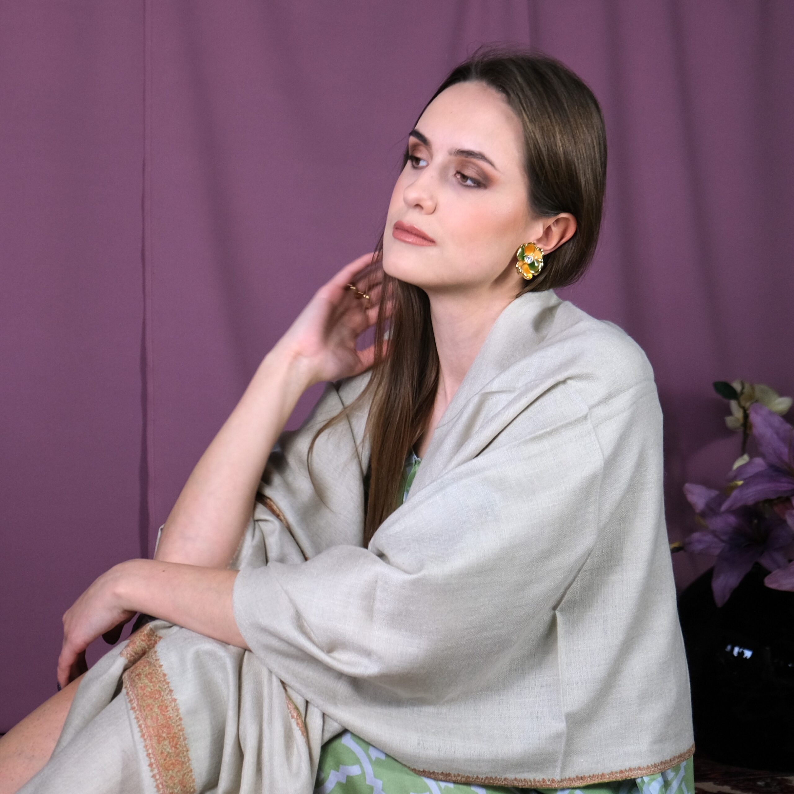 Cream Beige Cashmere Scarf with Orange and Green