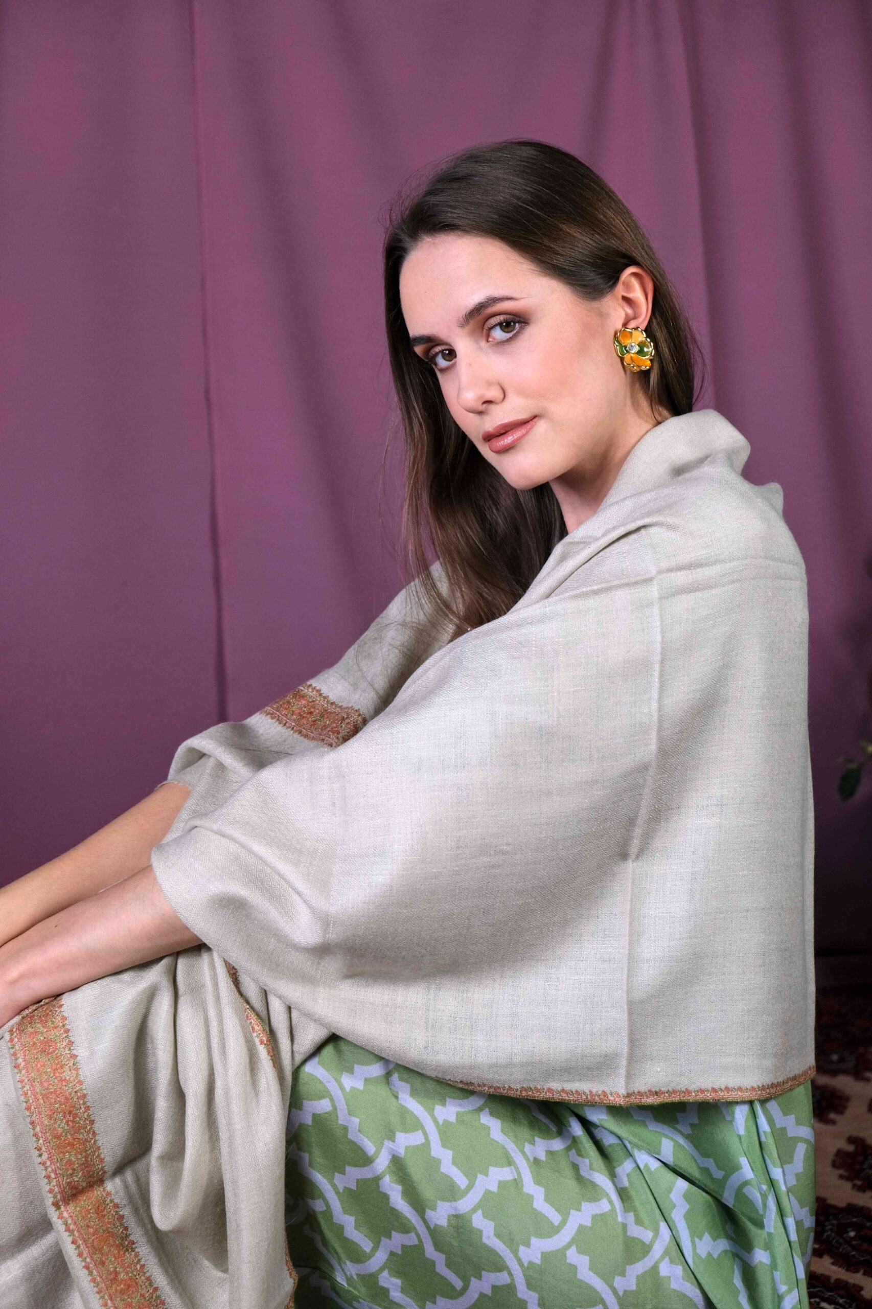 Cream Beige Cashmere Scarf with Orange and Green