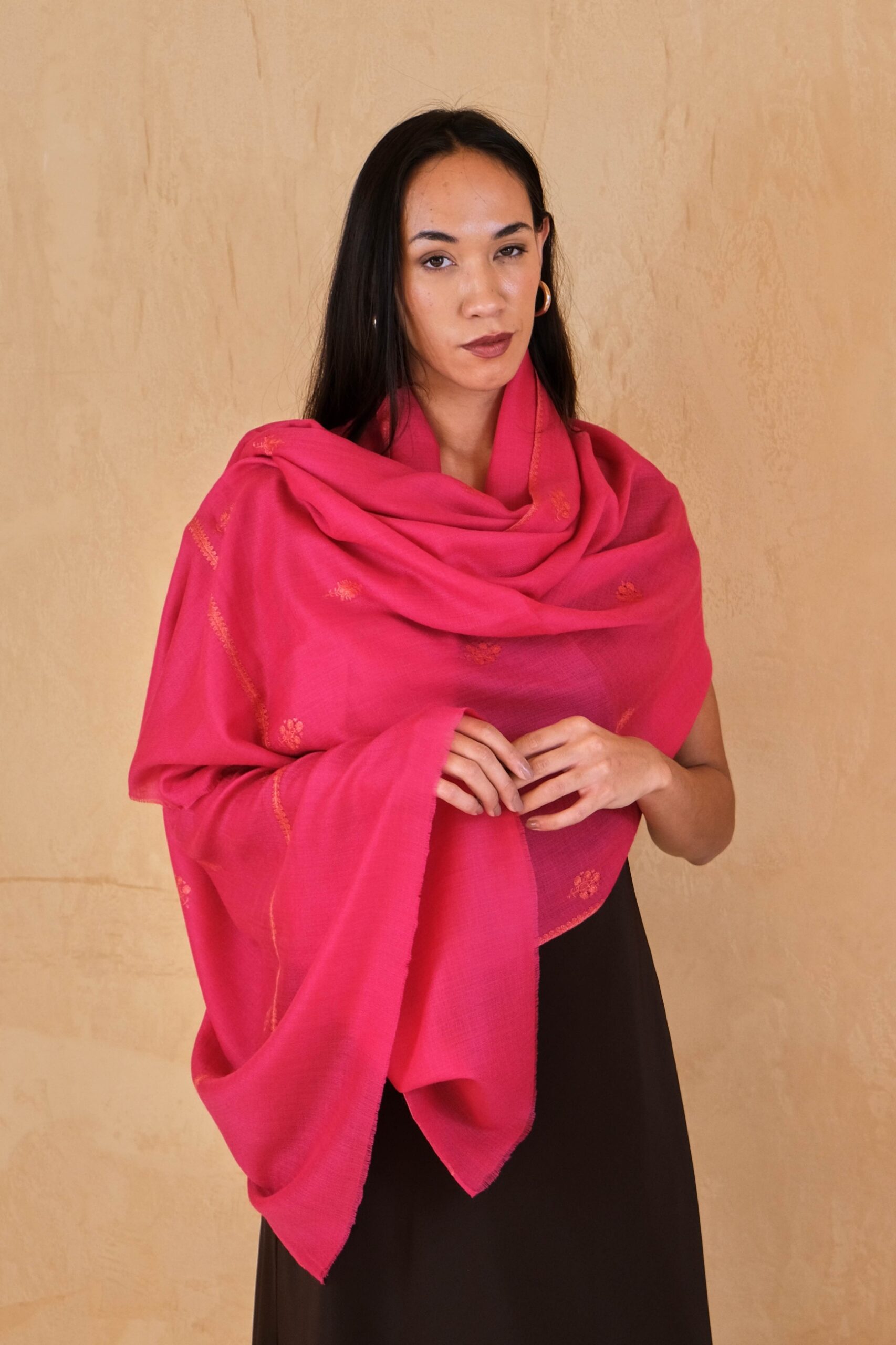 Red Cashmere Shawl with Embroidery