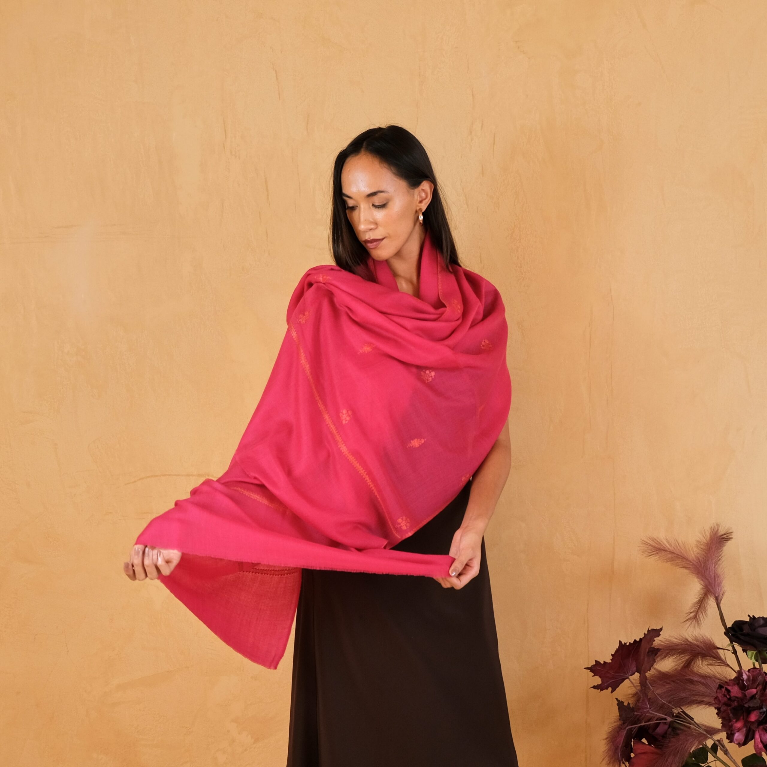 Red Cashmere Shawl with Embroidery