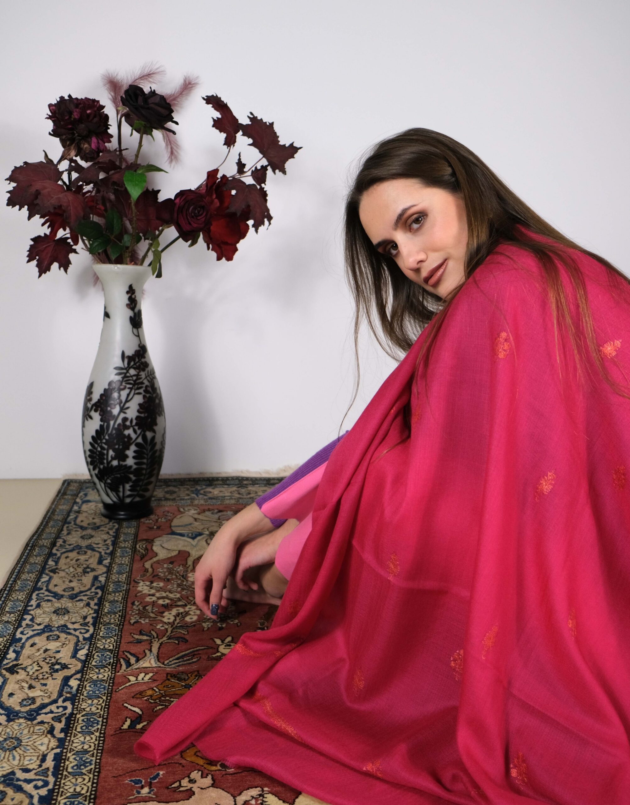Red Cashmere Shawl with Embroidery