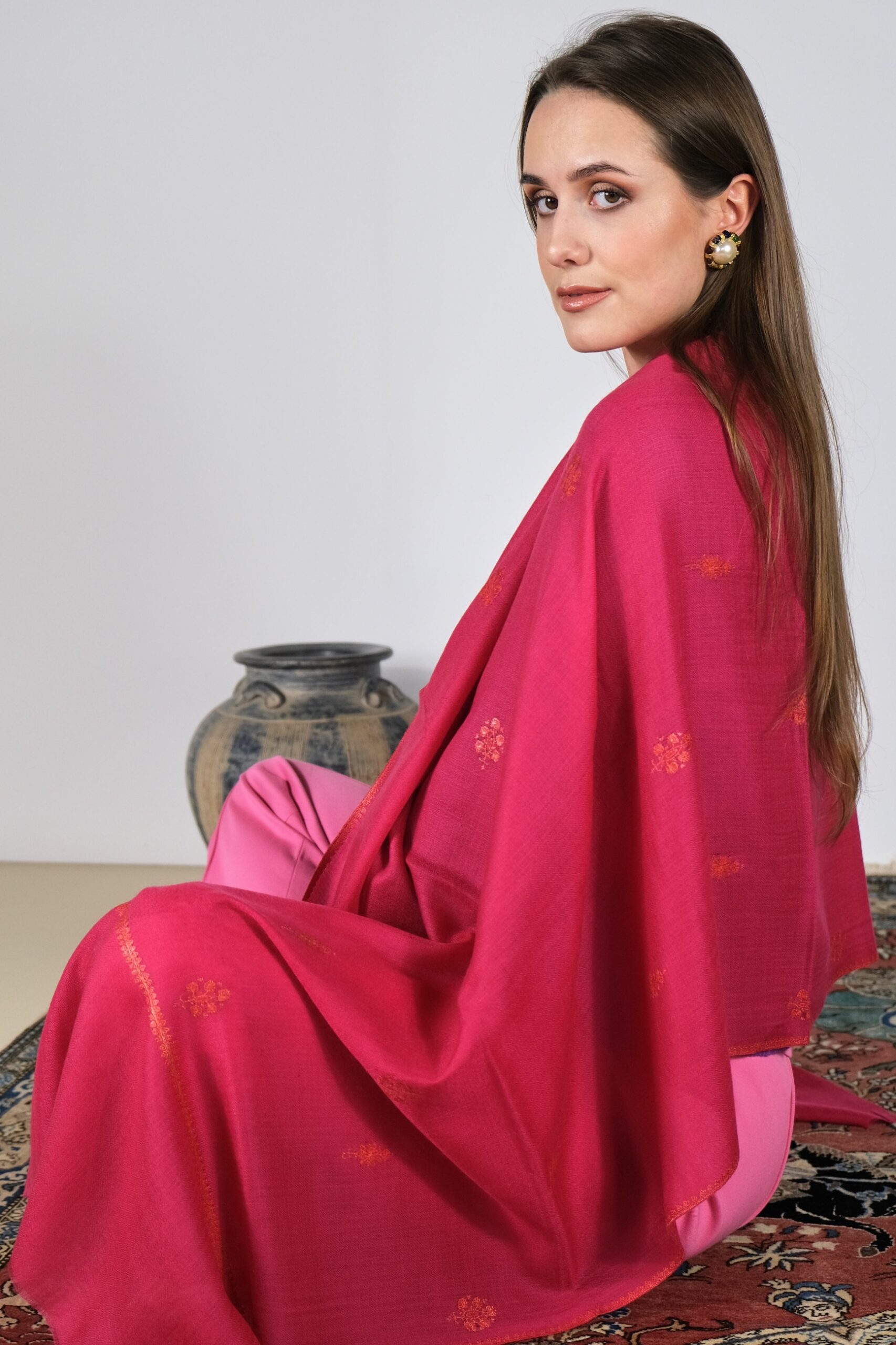 Red Cashmere Shawl with Embroidery