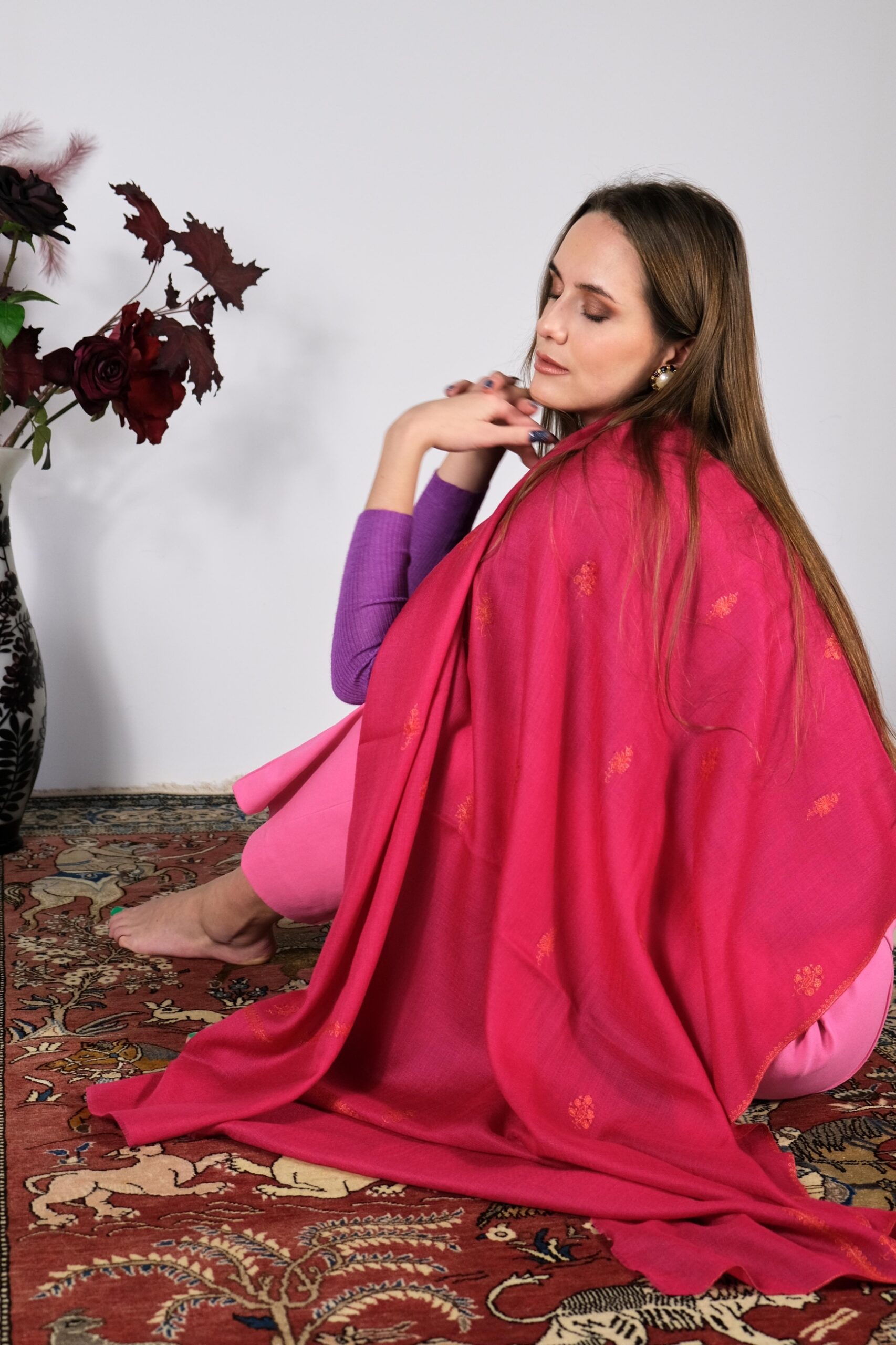 Red Cashmere Shawl with Embroidery