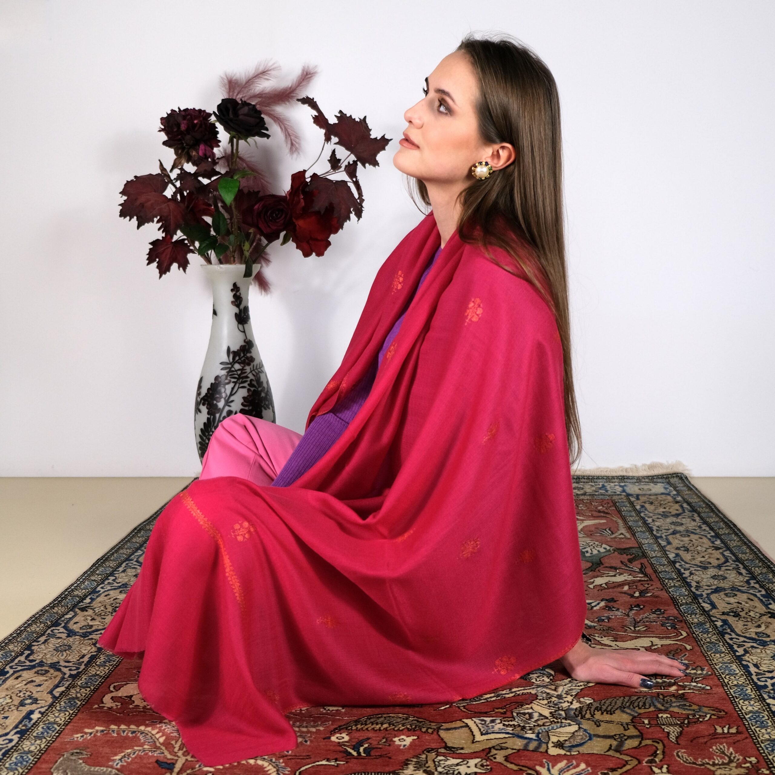 Red Cashmere Shawl with Embroidery