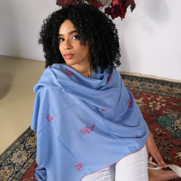 Baby blue cashmere pashmina with pink embroidery