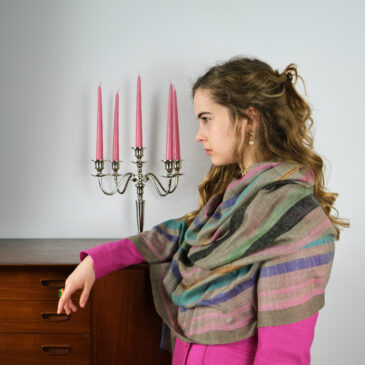 pashmina in natural beige colour with woven stripes in black, green, pink and turquoise