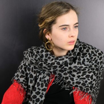 Large grey cashmere leopard print scarf